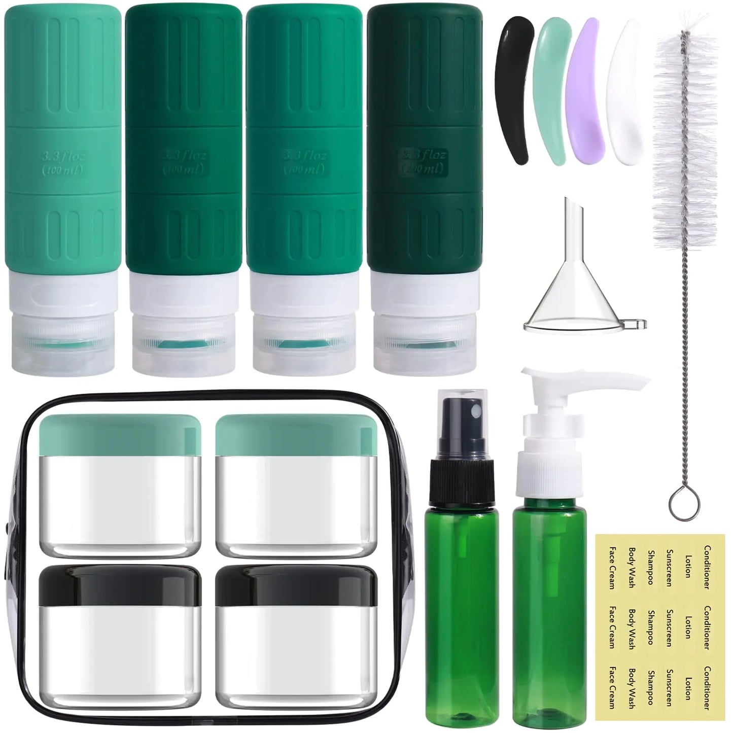 GLAMFIELDS Travel Bottles for ToiletriesTSA Approved 3.3oz Size LeakProof Silicone Toiletry Containers for Shampoo ConditionerEasy to Squeeze,Portable Travel Essentials for Lotion(18 Pack) Green