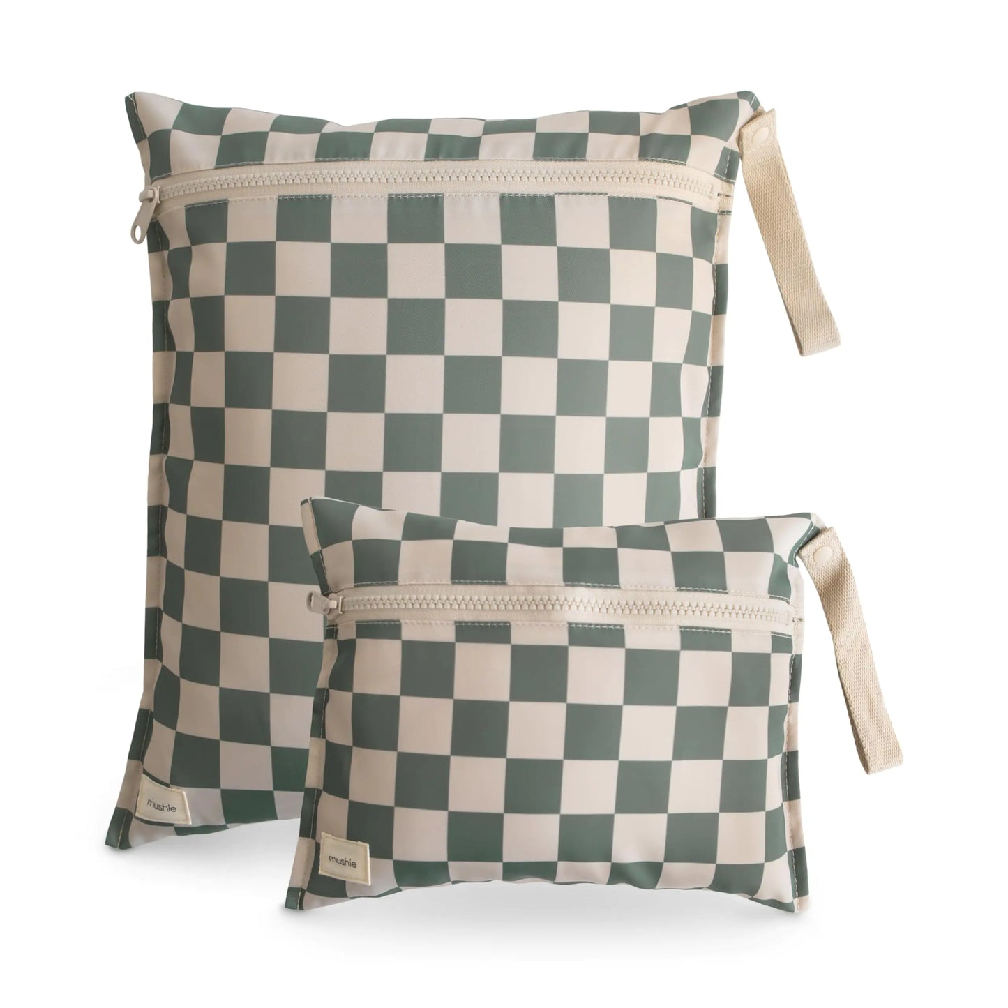 Water Resistant Wet Bags | Large & Small Reusable Storage Bag for Baby Items and Travel | Zippered Pockets with Handle | Machine Washable Set of 2 (Olive Check)