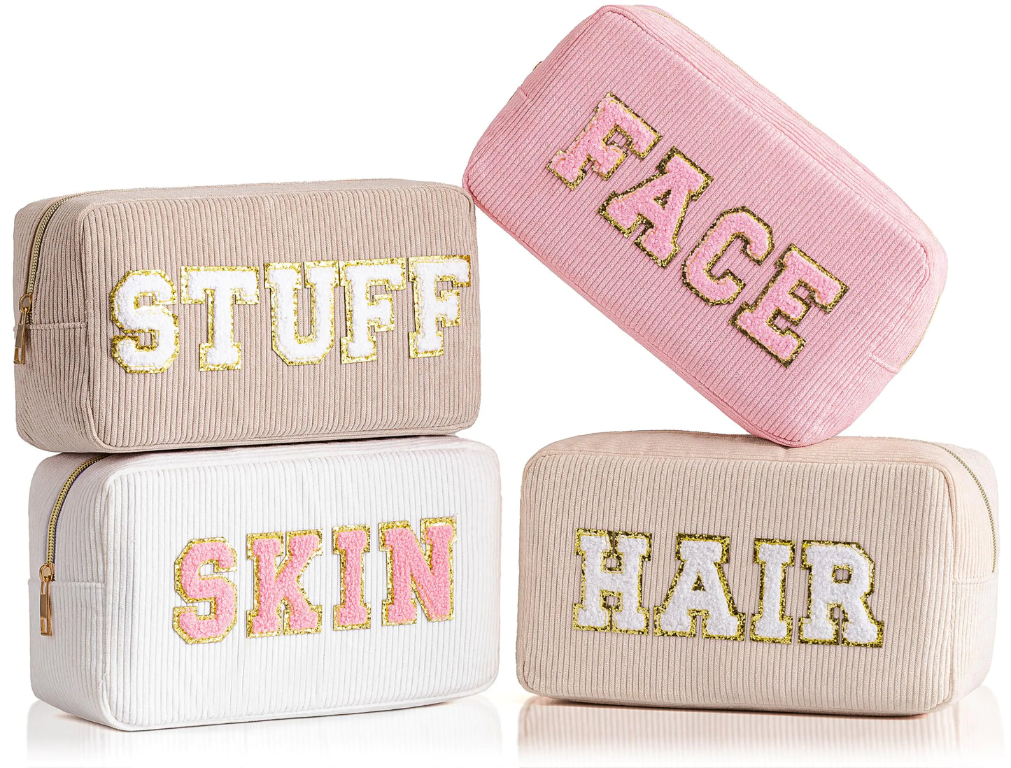 Preppy Makeup Bags 4 pcs Chenille Letter Patch Makeup Bag Face Skin Hair Stuff Travel Bags for Women Corduroy Cosmetic Bag Organizer Make up Bag for Women Girls