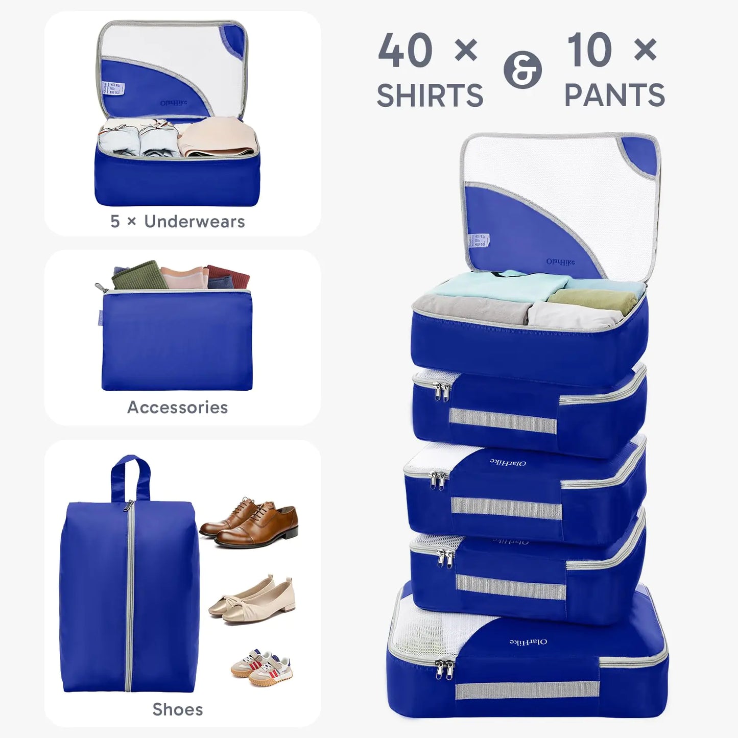 OlarHike Travel Essentials ALL INCLUDED 10 Set Sturdy Packing Cubes for Suitcases, UPGRADED Anti-Tear Stitching, NEW Improved Luggage Packing Organizers for Travel Accessories(Klein Blue) 03-Klein Blue